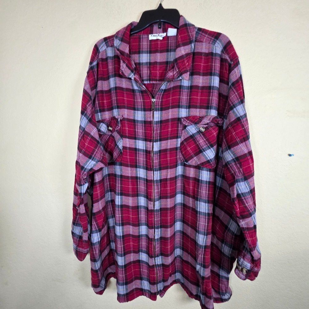 King Size Mens‎ 5XL Red Plaid Full Zip Flannel Shirt 100% Cotton shacket